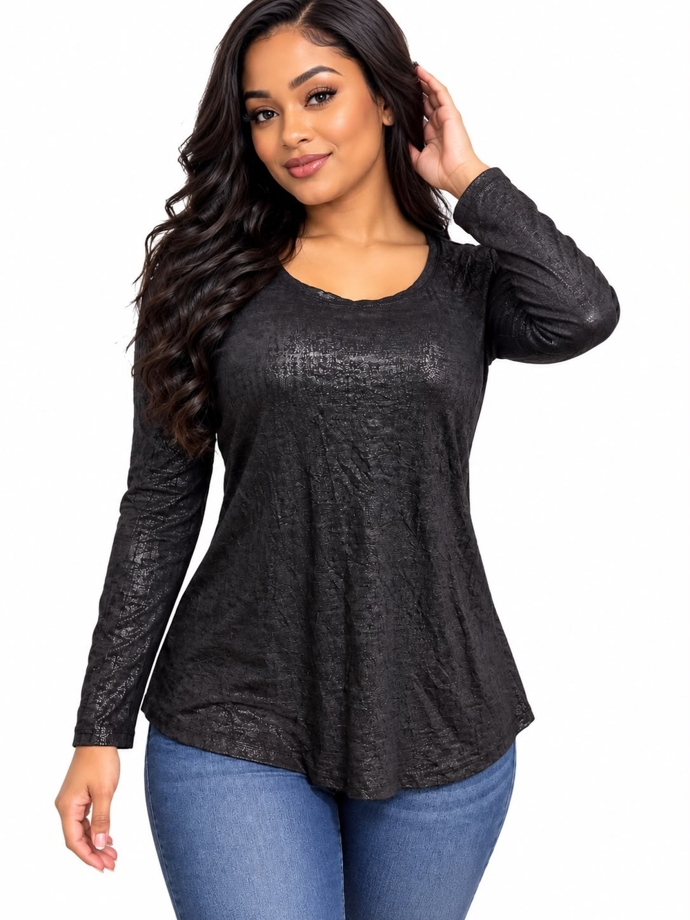 a.n.a Black Shimmery Long-Sleeve Scoop Neck Top - Picture 2 of 2